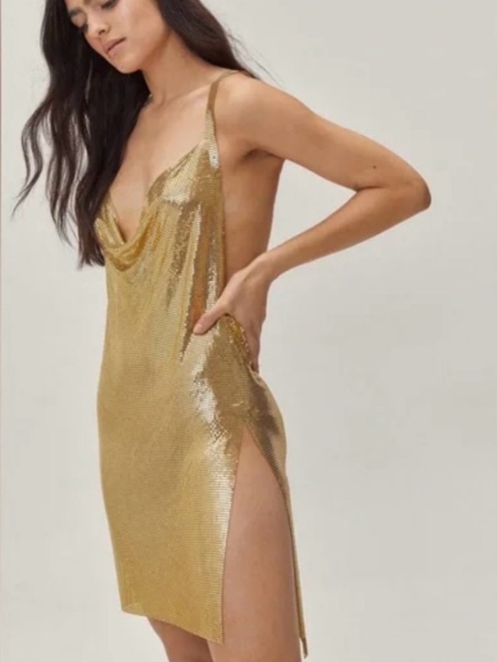 Nasty Gal Gold Sequin Slip Dress with Cowl Neck